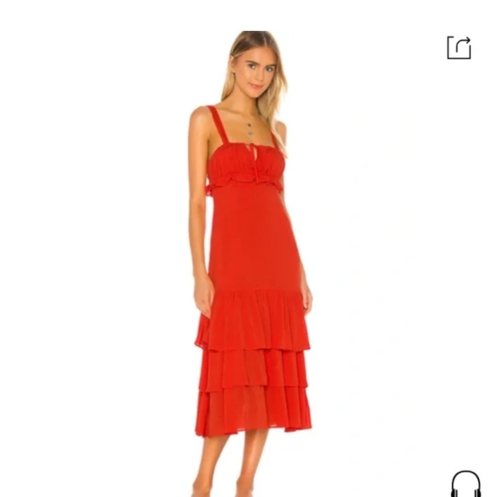 Privacy Please Red Midi Sundress with Ruffled Tiered Skirt and Square Neck